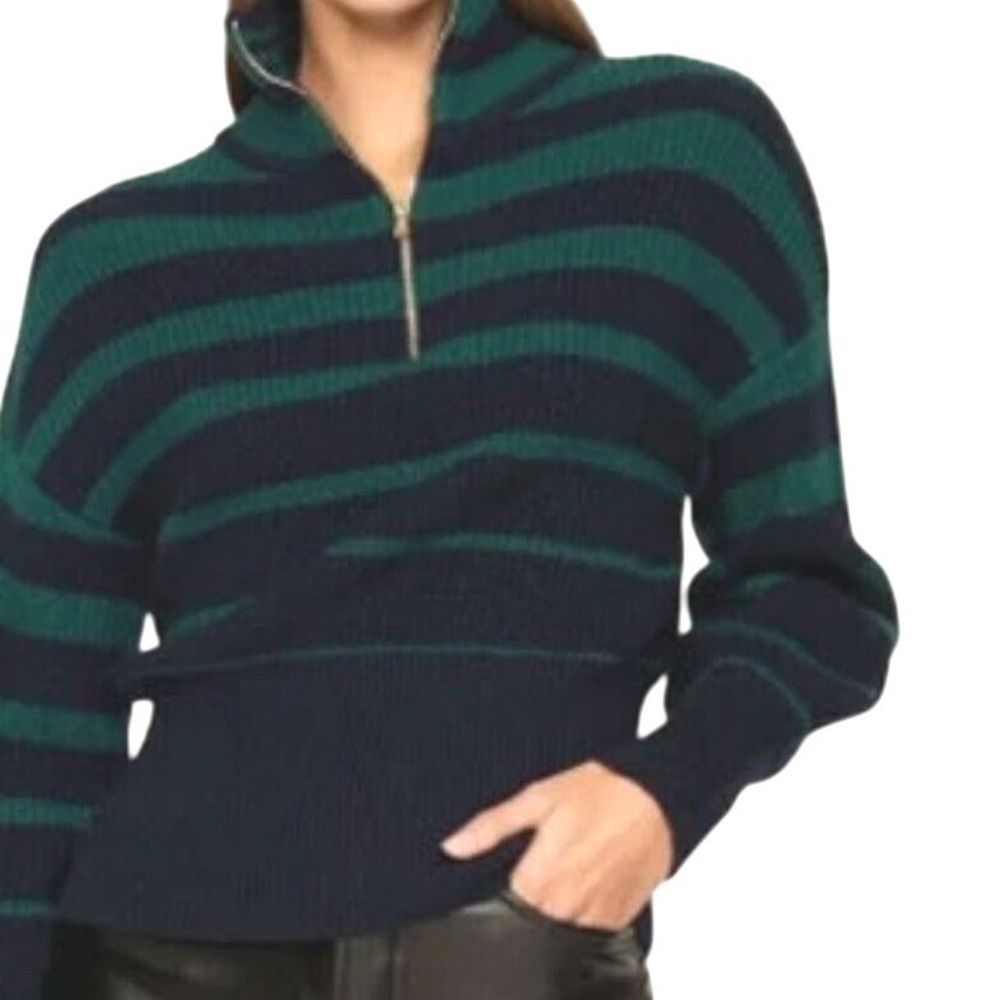 Trina Turk Funnel Pullover Sweater Womans Small Half Zip Navy Green Merino Wool